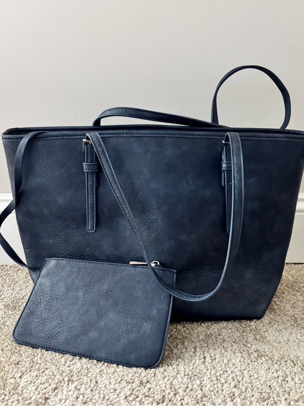 Urban Expressions Navy Blue Vegan Leather Tote Bag with Matching Pouch